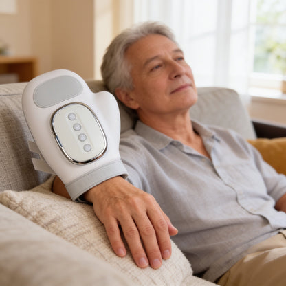Man relaxing on sofa using the Zenhugo Hand Massager for relief